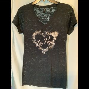 Sheer Black Ladies V neck tee w/heart & Las Vegas